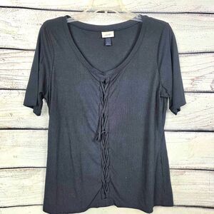 Daytrip Black Ribbed Lace-Up Front Top Large